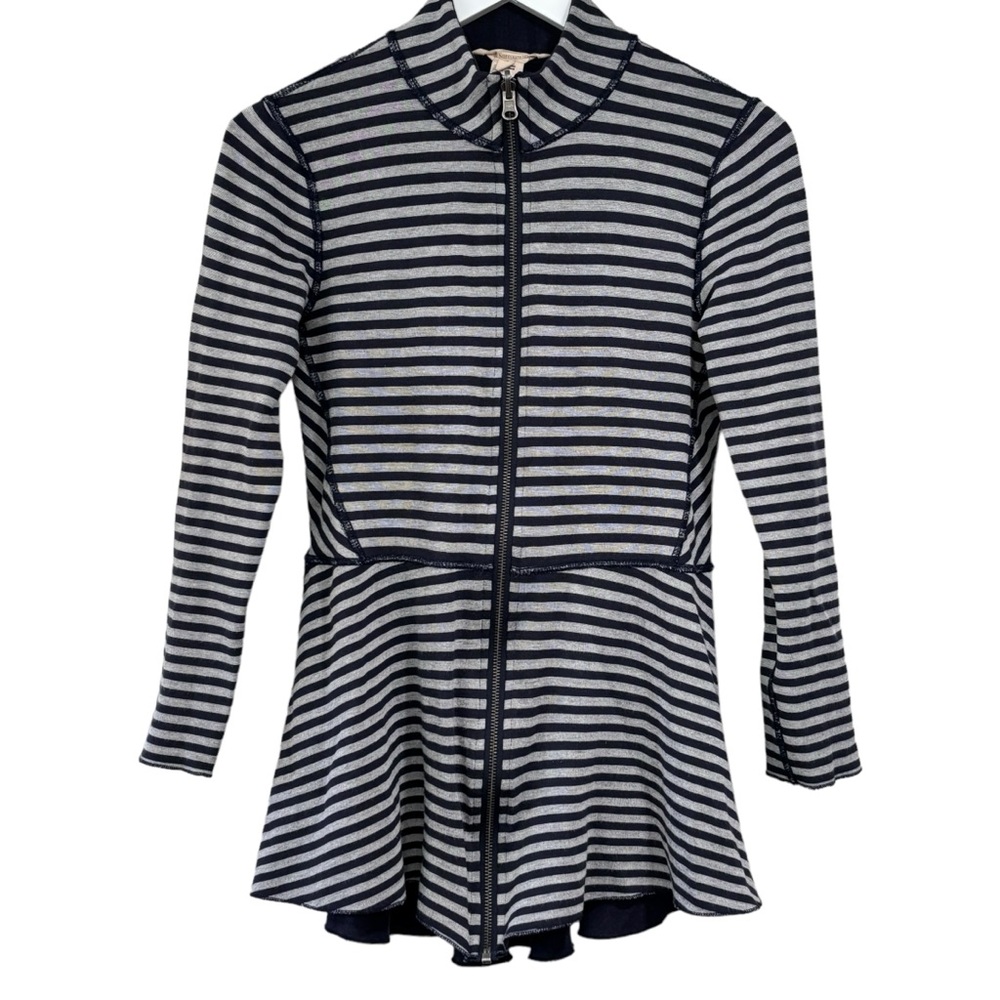 Soft surroundings navy blue gray striped Soft zip up Sweater Women size XS